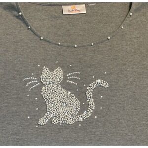 Quacker Factory 3X Cat Shirt Gray Simulated Pearl Rhinestone Short Sleeve Women